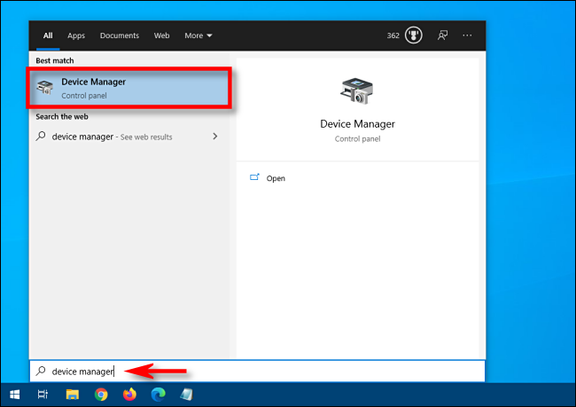 Start, nhập “Device Manager” vào hộp Tìm kiếm, sau đó nhấn Enter.