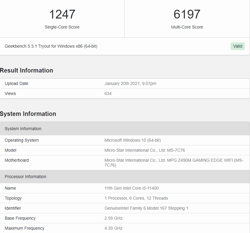 Lộ hiệu năng Core i5-11400 trên Geekbench