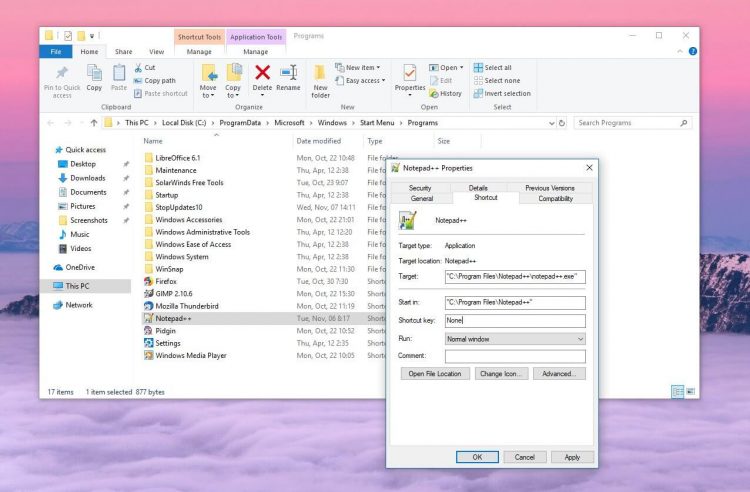 đặt shortcut cho windows 10