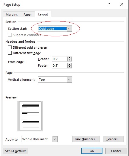 Page Setup → Layout → Odd Page