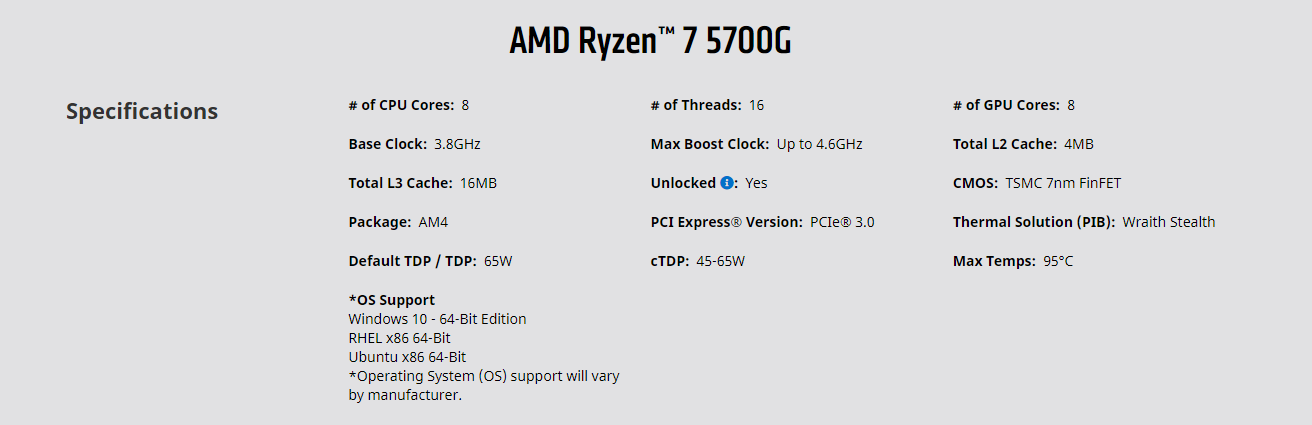 thông số Ryzen 7 5700G
