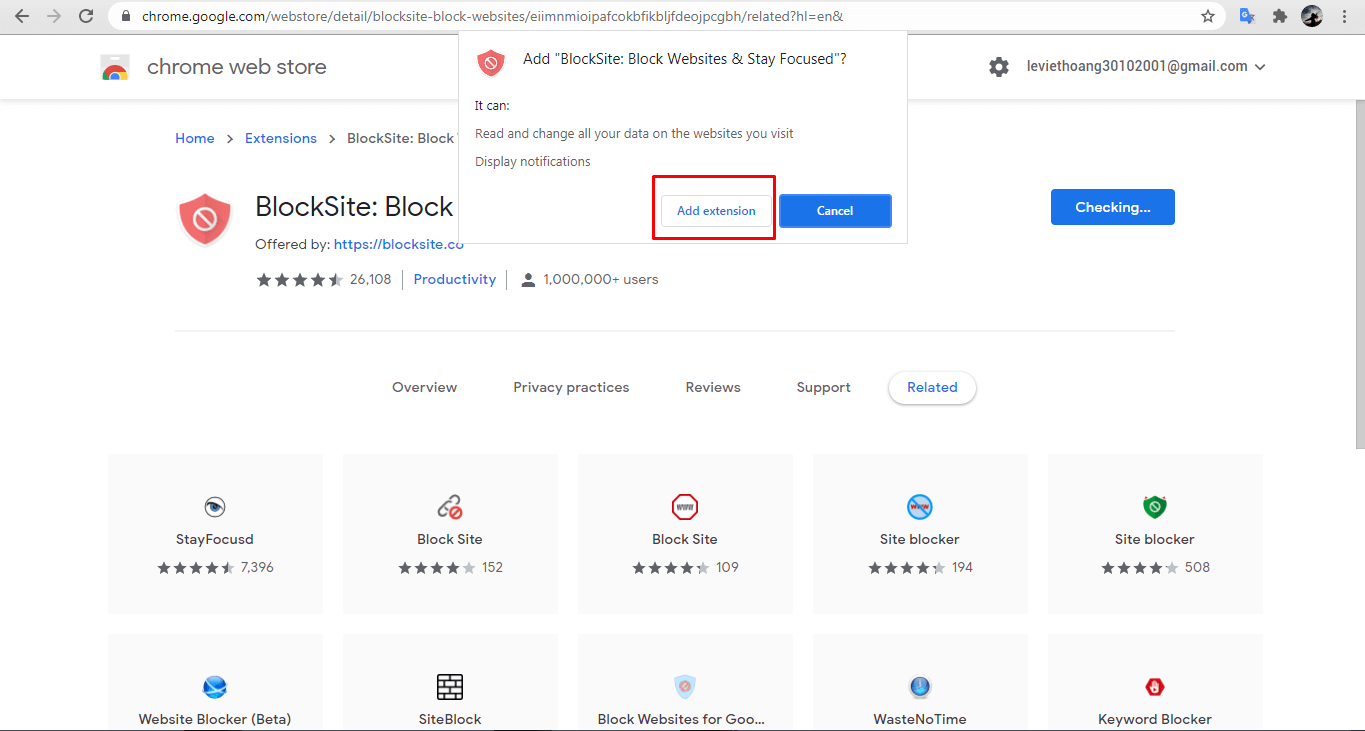 Bước 1: Truy cập vào Chrome Web Store và cài tiện ích BlockSite: Block Websites & Stay Focused bằng cách nhấn Add to chrome.
