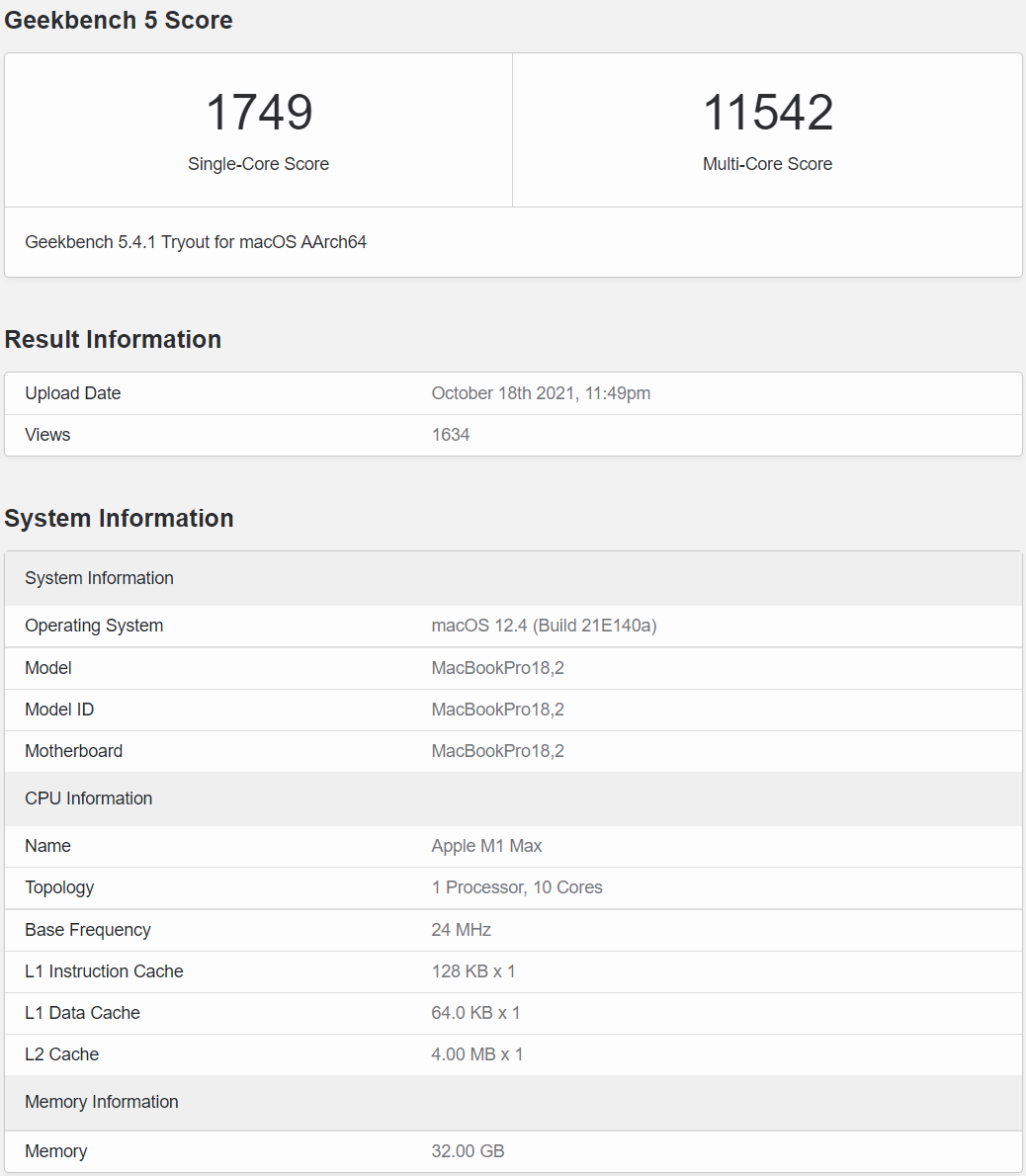 benchmark của chip M1 Max trên Geekbench 5