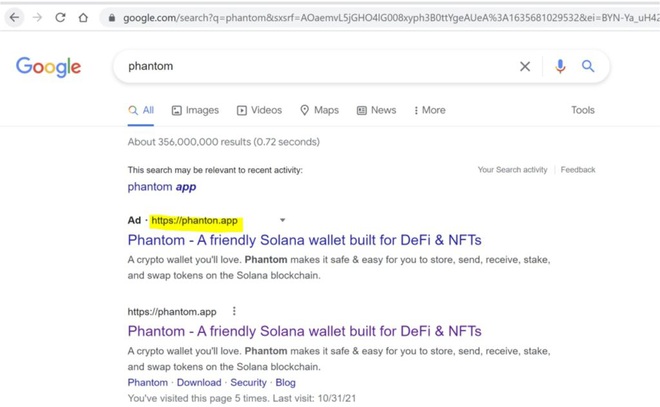Trang web giả mạo (phanton.app) thậm chí còn xuất hiện phía trên trang web thật (phantom.app) trên công cụ tìm kiếm Google