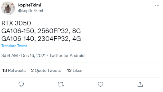 dòng tweet chia sẻ về RTX 3050 của Kopite7kimi. nguồn: tweeter