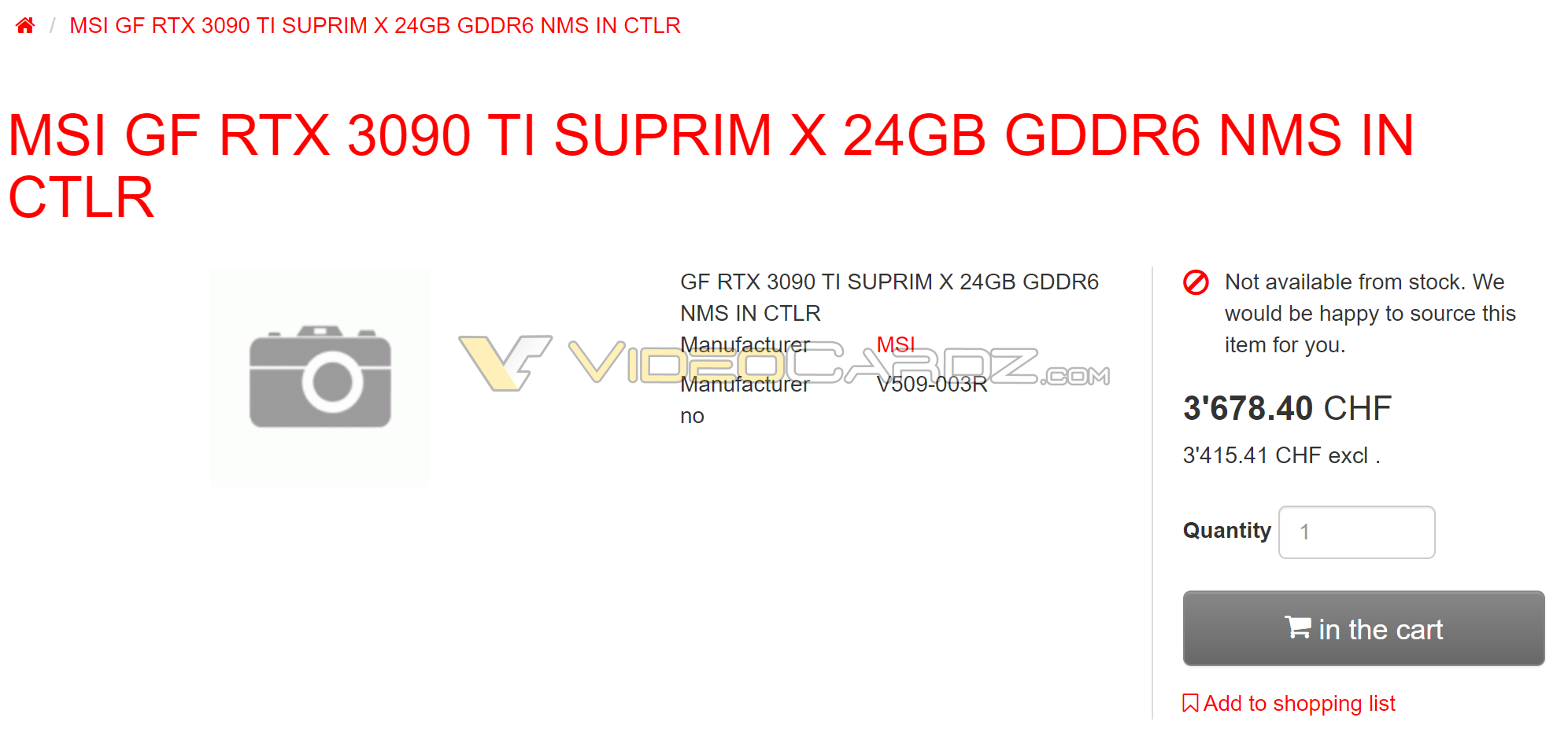 3090 Ti SUPRIM X được hai nhà bán lẻ tại Thụy Sỹ đề cập trên Website, ảnh: videocardz