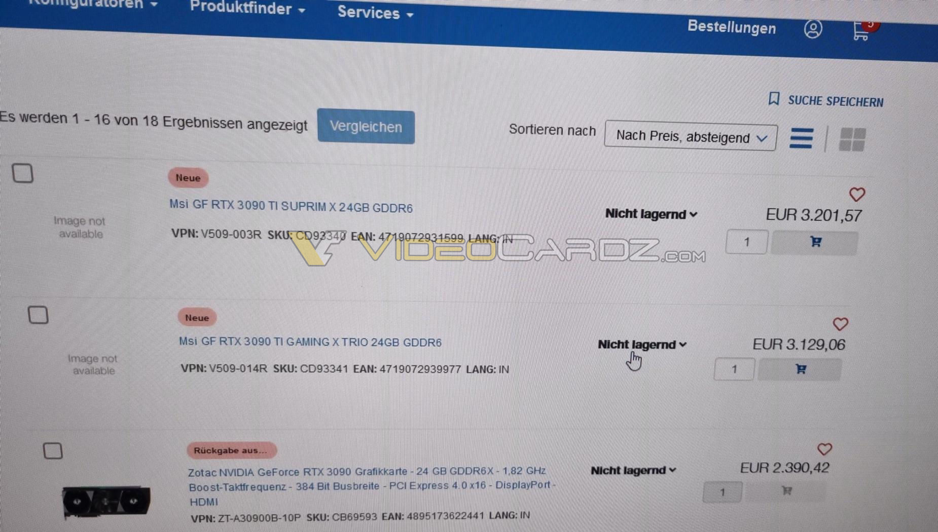Hai mẫu RTX 3090 Ti của MSI được liệt kê giá bán không chính thức, ảnh: videocardz