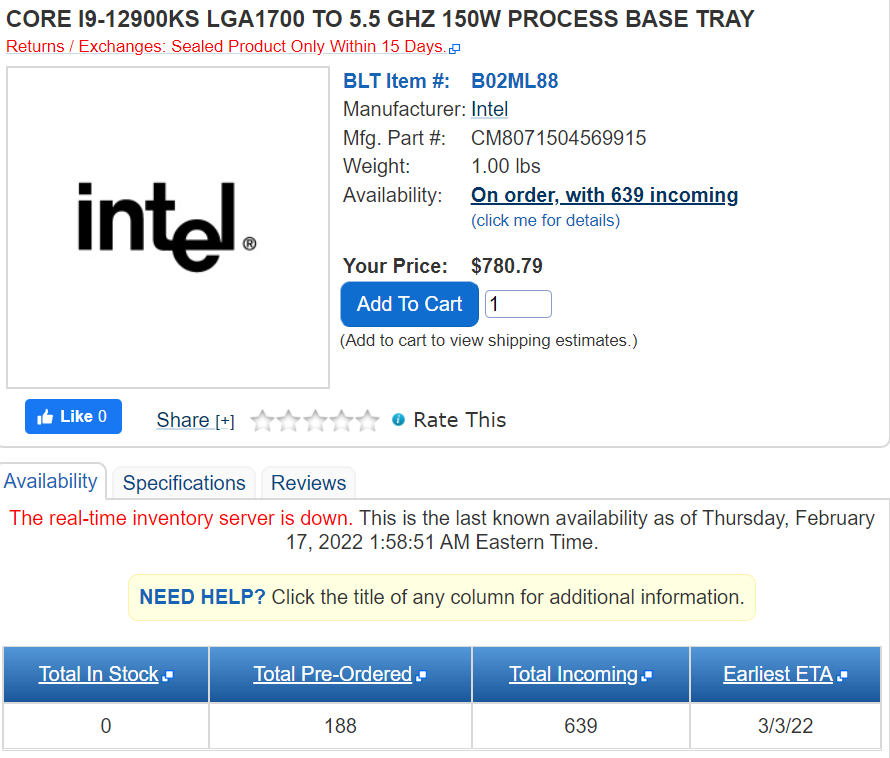 Core i9-12900KS được liệt kê giá bán trên trang web của một nhà bán lẻ