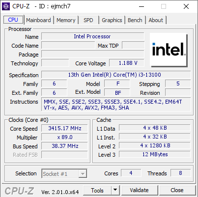 Chi tiết thông số kỹ thuật của Core i3-13100 trong CPU-Z, ảnh: @TUM_APISAK