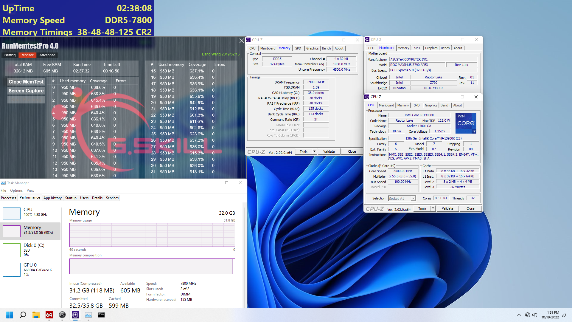 Trident Z5 DDR5 7800 đang chạy bài test, ảnh: G.SKILL